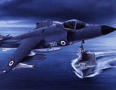 Depicted in the markings of 800 Naval Air Squadron at the outbreak of the Falklands War overflying HMS Invincible.